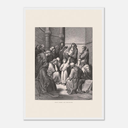 Jésus parmi les docteurs — Gravure de Gustave Doré (1866) (42x59,4 cm (A2) / Cadre blanc). Gravure de Gustave Doré représentant Jésus, enfant, discutant avec des docteurs de la loi dans un édifice religieux, entouré de livres et de manuscrits.