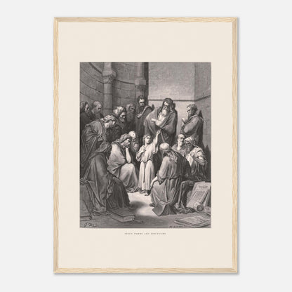 Jésus parmi les docteurs — Gravure de Gustave Doré (1866) (42x59,4 cm (A2) / Cadre bois clair). Gravure de Gustave Doré représentant Jésus, enfant, discutant avec des docteurs de la loi dans un édifice religieux, entouré de livres et de manuscrits.