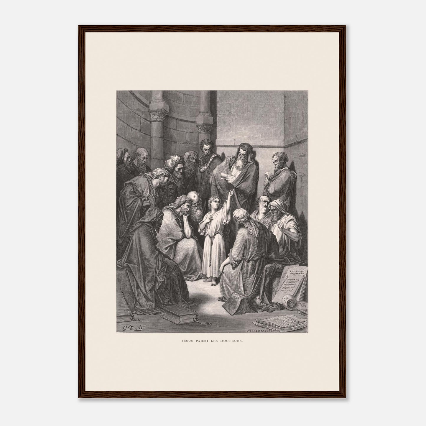 Jésus parmi les docteurs — Gravure de Gustave Doré (1866) (42x59,4 cm (A2) / Cadre bois foncé). Gravure de Gustave Doré représentant Jésus, enfant, discutant avec des docteurs de la loi dans un édifice religieux, entouré de livres et de manuscrits.