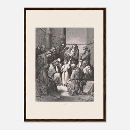 Jésus parmi les docteurs — Gravure de Gustave Doré (1866) (42x59,4 cm (A2) / Cadre bois foncé). Gravure de Gustave Doré représentant Jésus, enfant, discutant avec des docteurs de la loi dans un édifice religieux, entouré de livres et de manuscrits.
