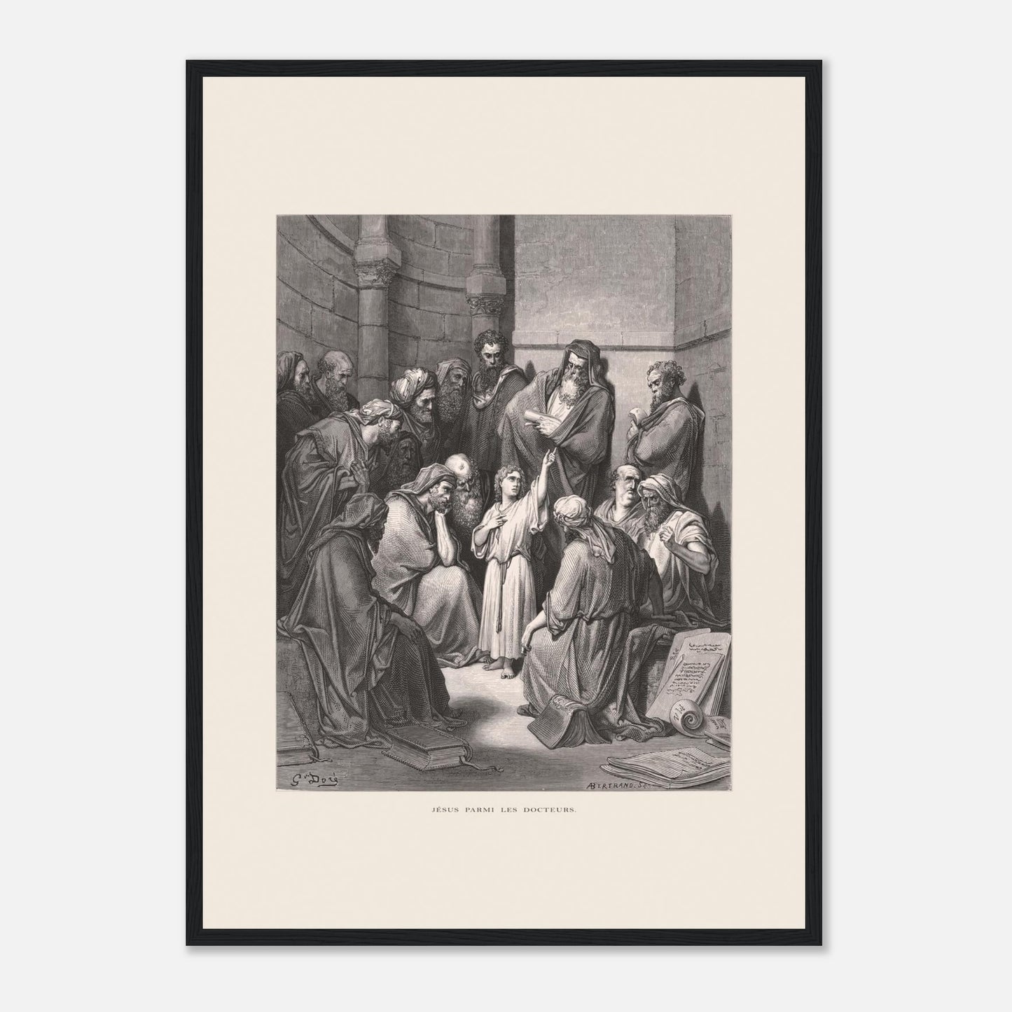 Jésus parmi les docteurs — Gravure de Gustave Doré (1866) (42x59,4 cm (A2) / Cadre noir). Gravure de Gustave Doré représentant Jésus, enfant, discutant avec des docteurs de la loi dans un édifice religieux, entouré de livres et de manuscrits.
