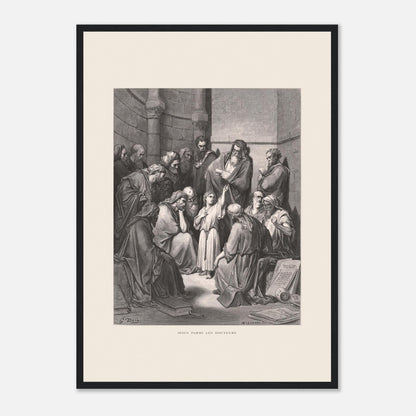 Jésus parmi les docteurs — Gravure de Gustave Doré (1866) (42x59,4 cm (A2) / Cadre noir). Gravure de Gustave Doré représentant Jésus, enfant, discutant avec des docteurs de la loi dans un édifice religieux, entouré de livres et de manuscrits.