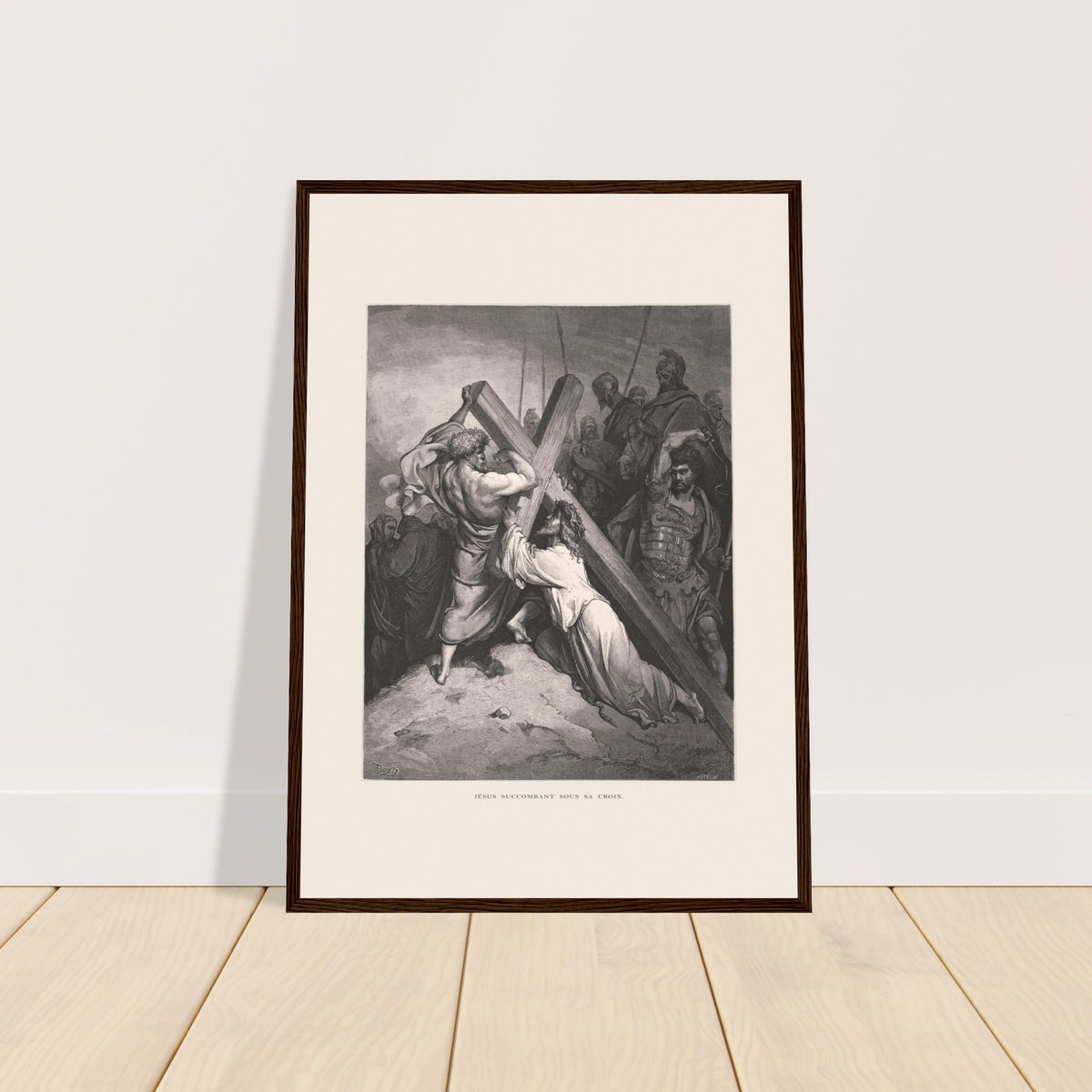 Reproduktion Stich Jesus unter dem Kreuz fallend Gustave Doré. Stich von Gustave Doré, der Jesus beim Kreuztragen darstellt, wie er unter dessen Last zusammenbricht, umgeben von römischen Soldaten und Personen.