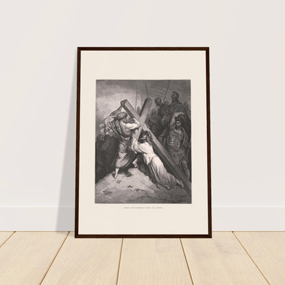 Reproduktion Stich Jesus unter dem Kreuz fallend Gustave Doré. Stich von Gustave Doré, der Jesus beim Kreuztragen darstellt, wie er unter dessen Last zusammenbricht, umgeben von römischen Soldaten und Personen.