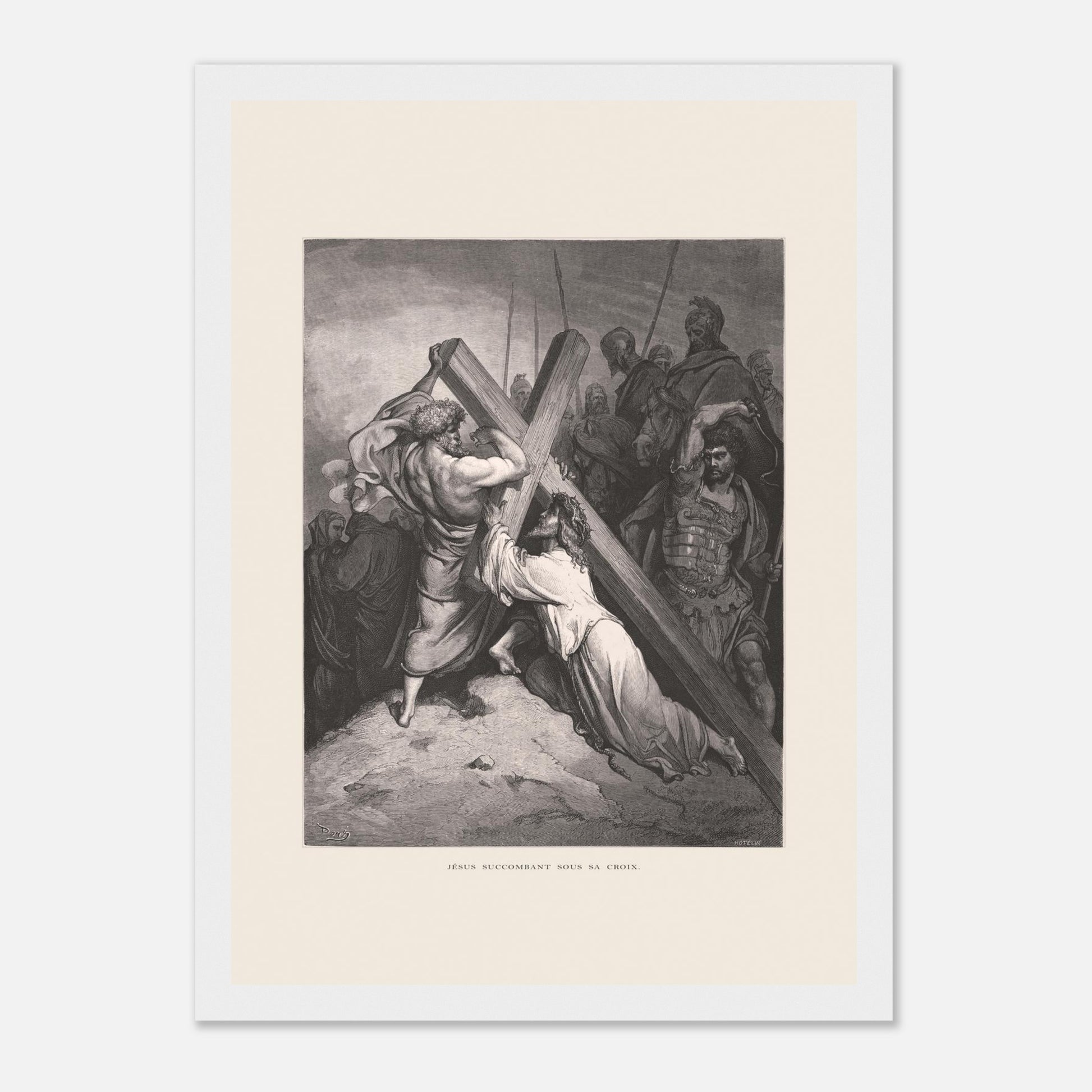 Reproduction gravure Jésus succombant sous sa croix Gustave Doré (21x29,7 cm (A4) / Cadre blanc). Gravure de Gustave Doré représentant Jésus portant sa croix, succombant sous son poids, entouré de soldats romains et de personnages.