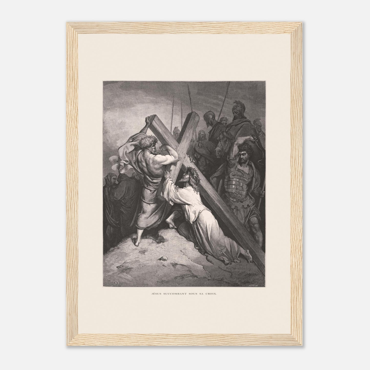 Reproduction gravure Jésus succombant sous sa croix Gustave Doré (21x29,7 cm (A4) / Cadre bois clair). Gravure de Gustave Doré représentant Jésus portant sa croix, succombant sous son poids, entouré de soldats romains et de personnages.