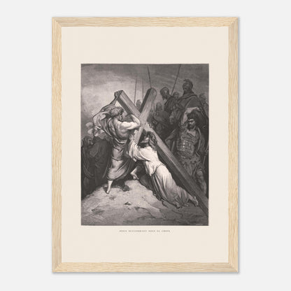 Reproduction gravure Jésus succombant sous sa croix Gustave Doré (21x29,7 cm (A4) / Cadre bois clair). Gravure de Gustave Doré représentant Jésus portant sa croix, succombant sous son poids, entouré de soldats romains et de personnages.