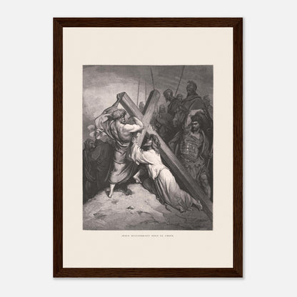 Reproduction gravure Jésus succombant sous sa croix Gustave Doré (21x29,7 cm (A4) / Cadre bois foncé). Gravure de Gustave Doré représentant Jésus portant sa croix, succombant sous son poids, entouré de soldats romains et de personnages.