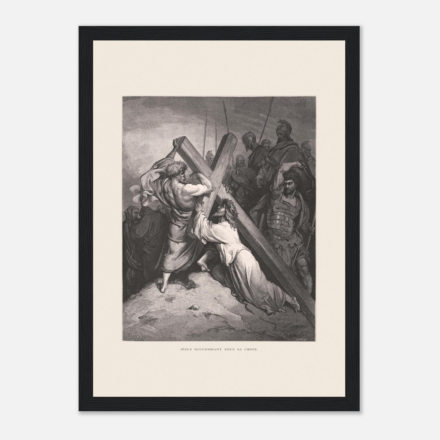 Reproduction gravure Jésus succombant sous sa croix Gustave Doré (21x29,7 cm (A4) / Cadre noir). Gravure de Gustave Doré représentant Jésus portant sa croix, succombant sous son poids, entouré de soldats romains et de personnages.