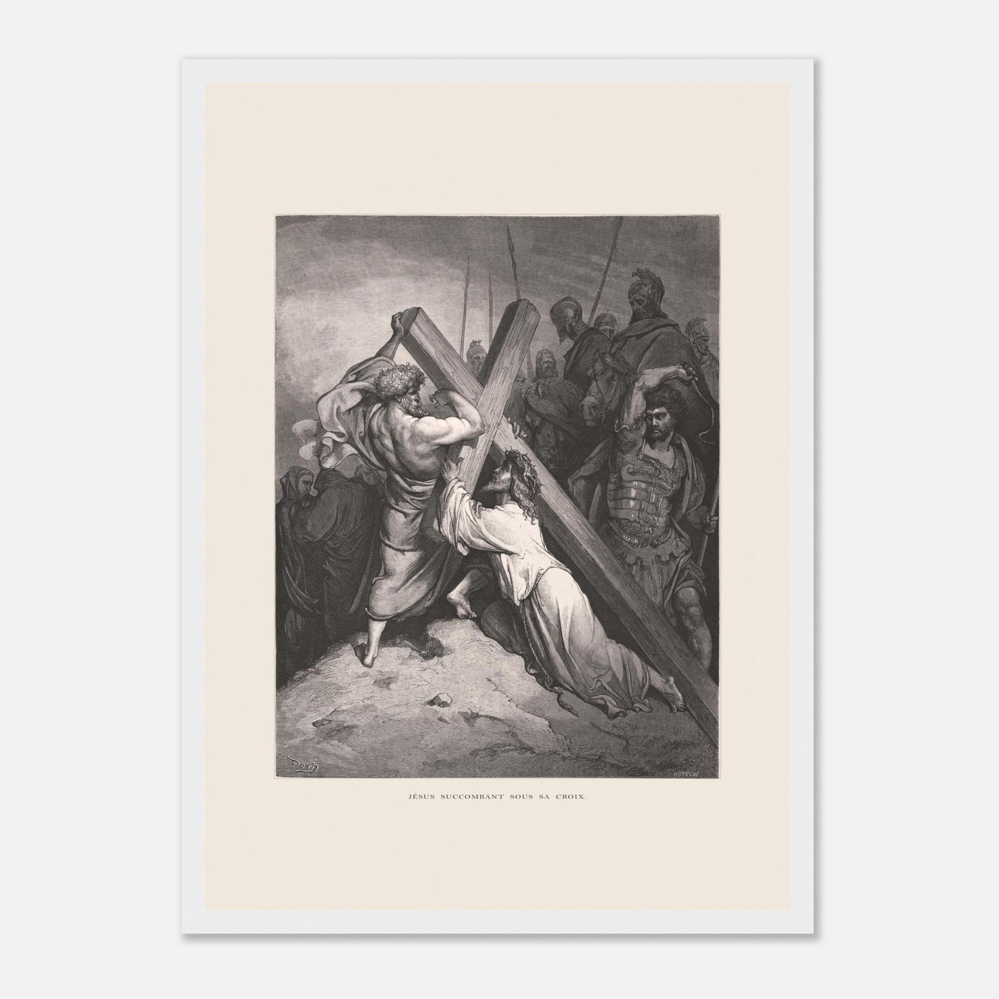Reproduction gravure Jésus succombant sous sa croix Gustave Doré (29,7x42 cm (A3) / Cadre blanc). Gravure de Gustave Doré représentant Jésus portant sa croix, succombant sous son poids, entouré de soldats romains et de personnages.