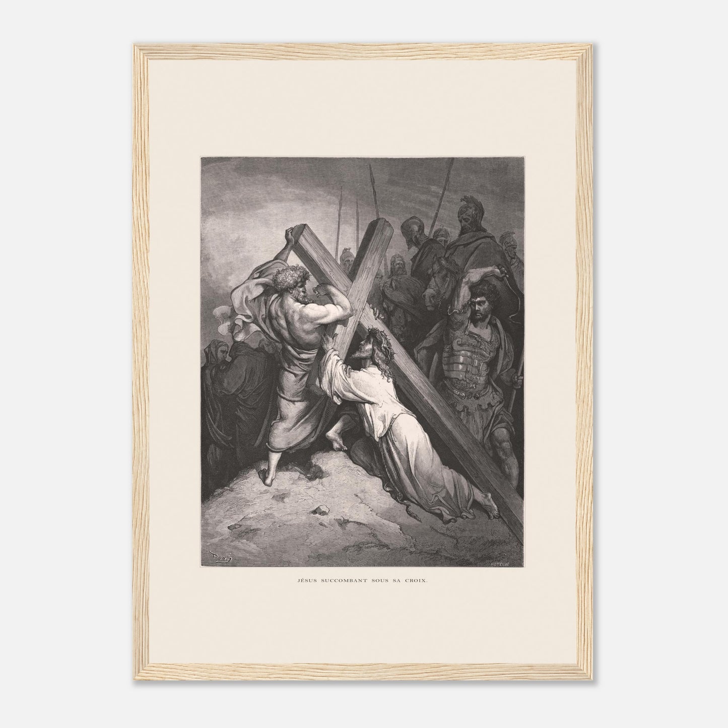 Reproduction gravure Jésus succombant sous sa croix Gustave Doré (29,7x42 cm (A3) / Cadre bois clair). Gravure de Gustave Doré représentant Jésus portant sa croix, succombant sous son poids, entouré de soldats romains et de personnages.