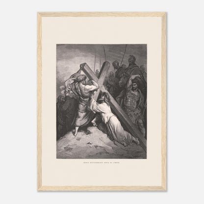 Reproduction gravure Jésus succombant sous sa croix Gustave Doré (29,7x42 cm (A3) / Cadre bois clair). Gravure de Gustave Doré représentant Jésus portant sa croix, succombant sous son poids, entouré de soldats romains et de personnages.