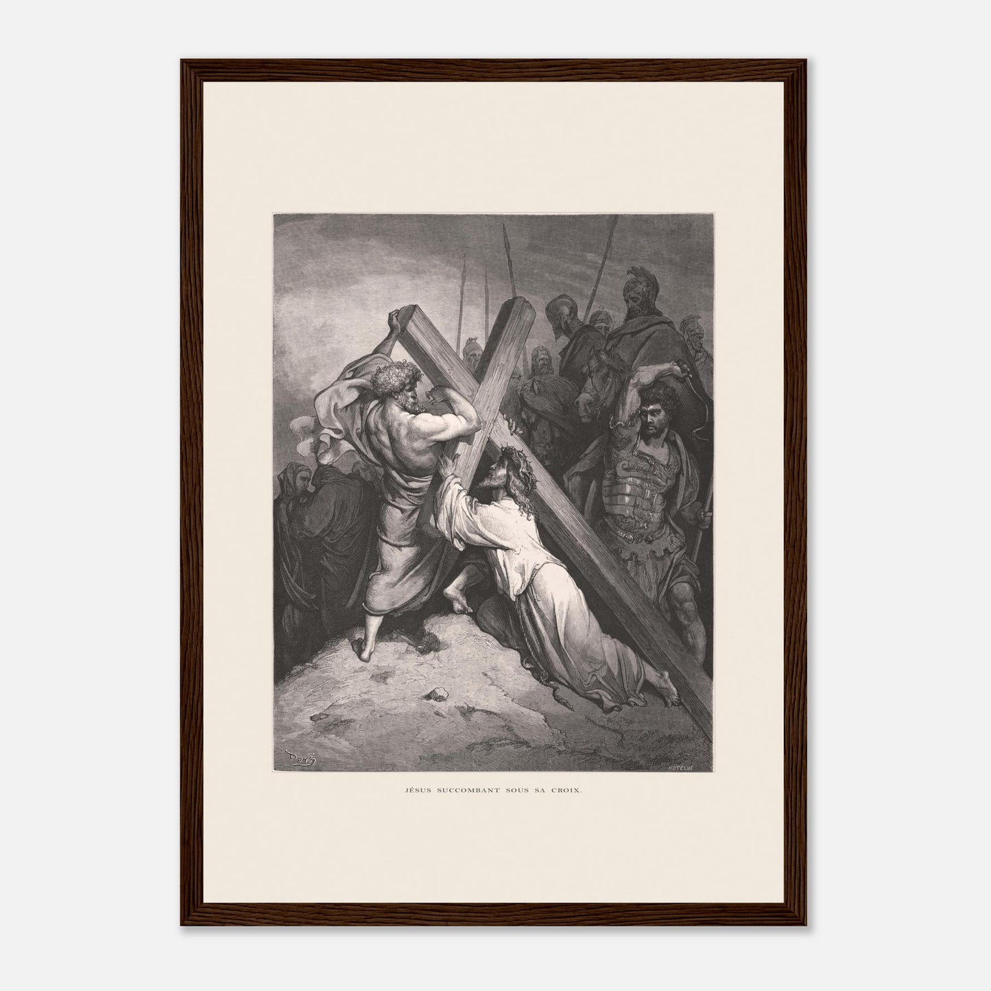 Reproduction gravure Jésus succombant sous sa croix Gustave Doré (29,7x42 cm (A3) / Cadre bois foncé). Gravure de Gustave Doré représentant Jésus portant sa croix, succombant sous son poids, entouré de soldats romains et de personnages.