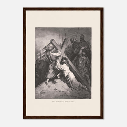 Reproduction gravure Jésus succombant sous sa croix Gustave Doré (29,7x42 cm (A3) / Cadre bois foncé). Gravure de Gustave Doré représentant Jésus portant sa croix, succombant sous son poids, entouré de soldats romains et de personnages.