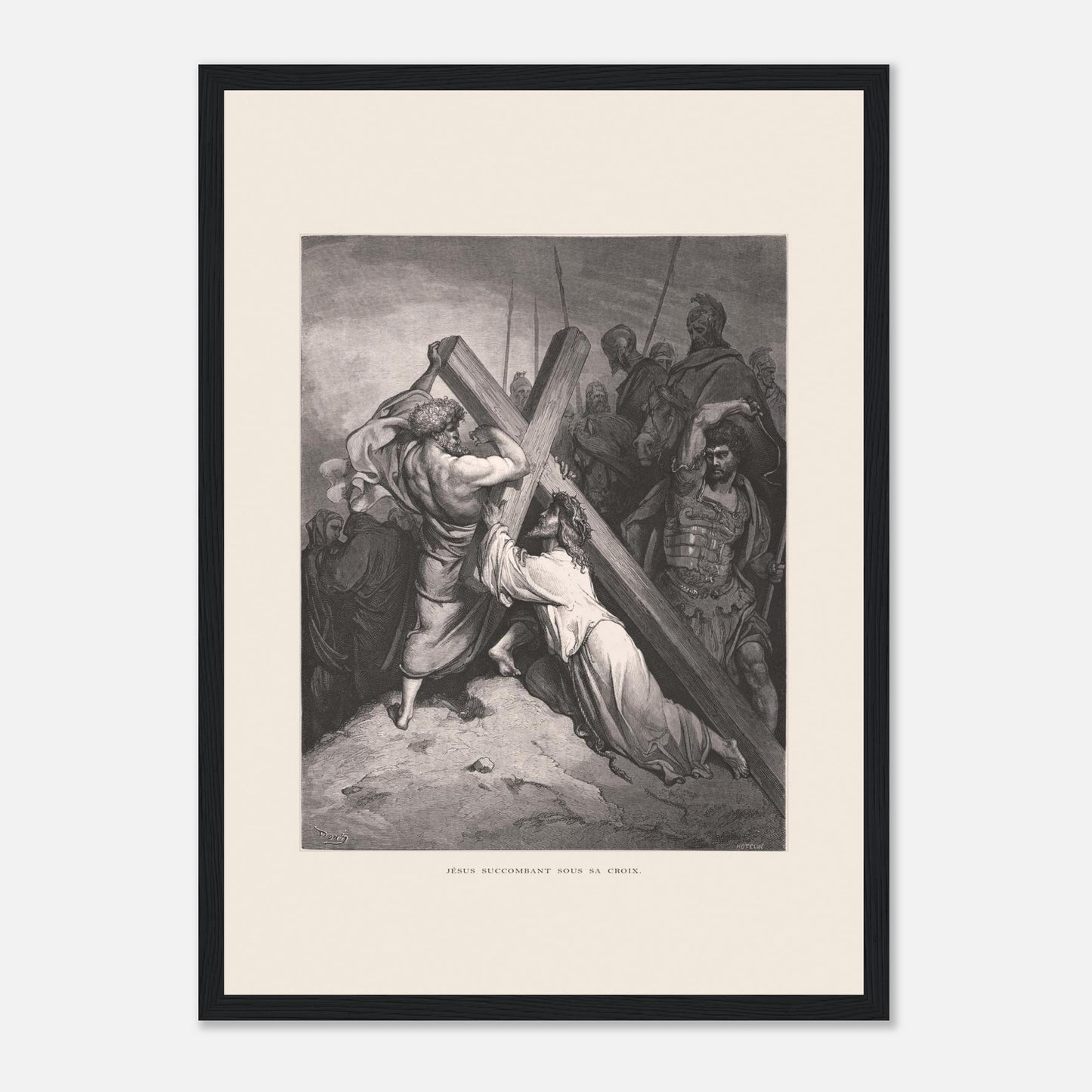Reproduction gravure Jésus succombant sous sa croix Gustave Doré (29,7x42 cm (A3) / Cadre noir). Gravure de Gustave Doré représentant Jésus portant sa croix, succombant sous son poids, entouré de soldats romains et de personnages.