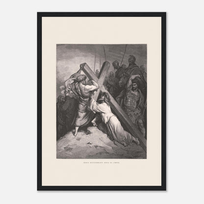 Reproduction gravure Jésus succombant sous sa croix Gustave Doré (29,7x42 cm (A3) / Cadre noir). Gravure de Gustave Doré représentant Jésus portant sa croix, succombant sous son poids, entouré de soldats romains et de personnages.