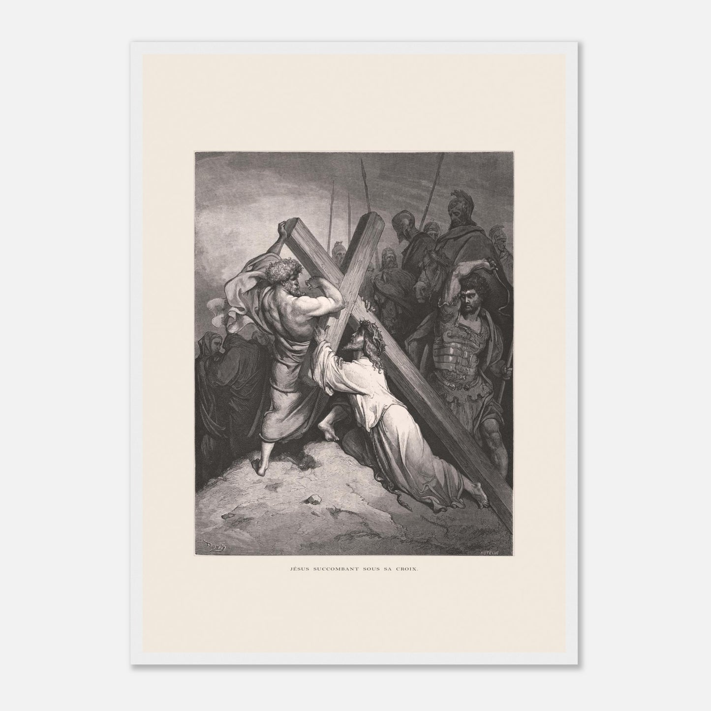Reproduction gravure Jésus succombant sous sa croix Gustave Doré (42x59,4 cm (A2) / Cadre blanc). Gravure de Gustave Doré représentant Jésus portant sa croix, succombant sous son poids, entouré de soldats romains et de personnages.
