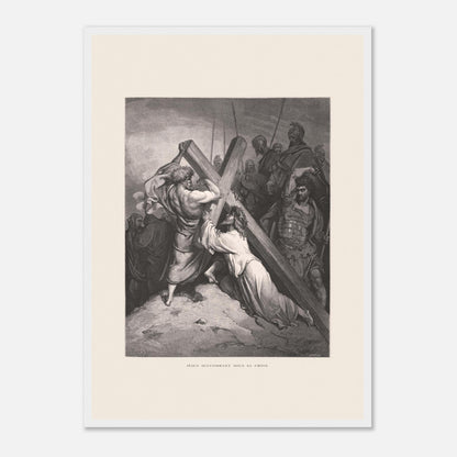 Reproduction gravure Jésus succombant sous sa croix Gustave Doré (42x59,4 cm (A2) / Cadre blanc). Gravure de Gustave Doré représentant Jésus portant sa croix, succombant sous son poids, entouré de soldats romains et de personnages.