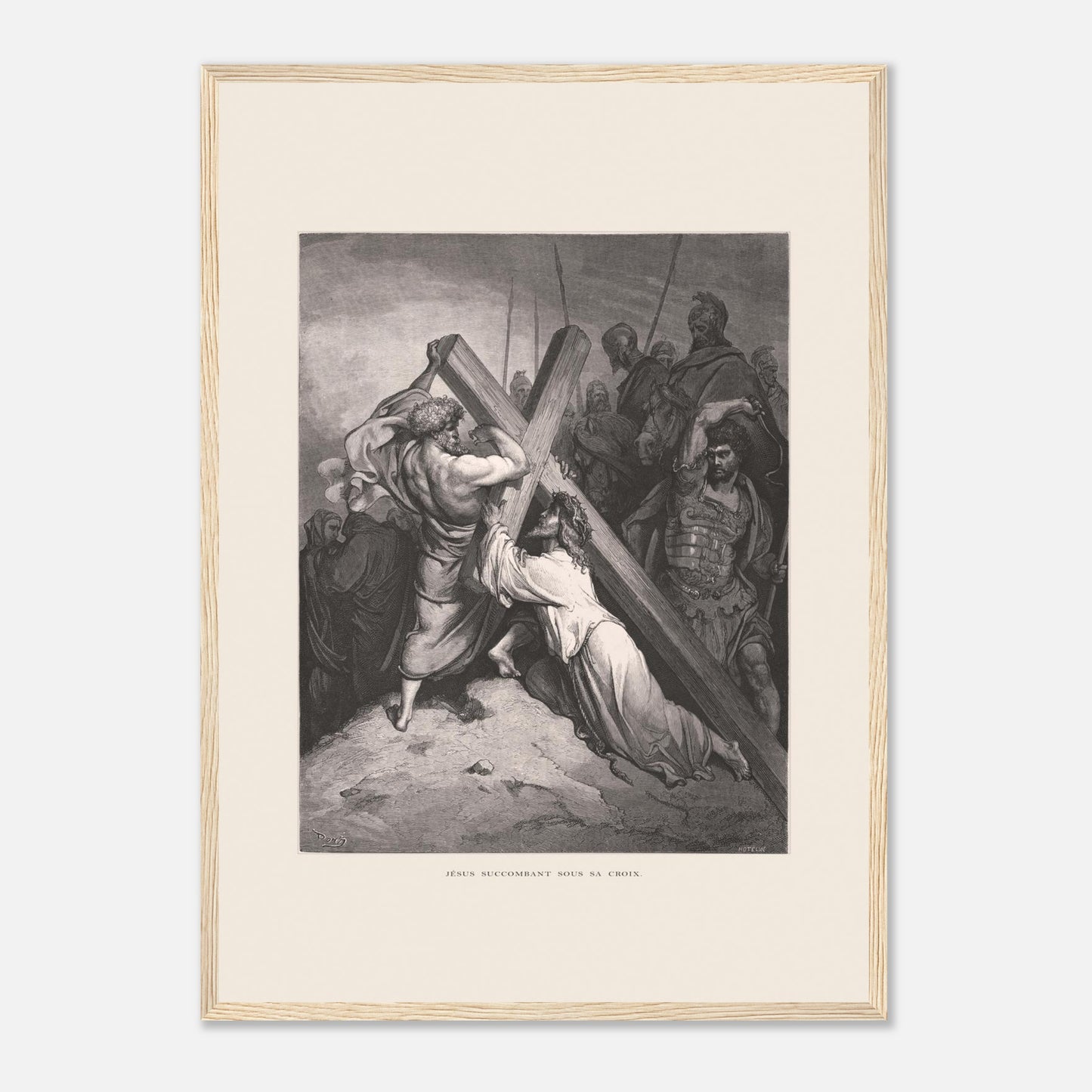 Reproduction gravure Jésus succombant sous sa croix Gustave Doré (42x59,4 cm (A2) / Cadre bois clair). Gravure de Gustave Doré représentant Jésus portant sa croix, succombant sous son poids, entouré de soldats romains et de personnages.