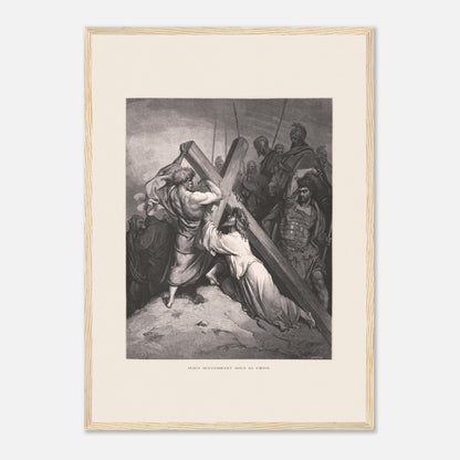 Reproduction gravure Jésus succombant sous sa croix Gustave Doré (42x59,4 cm (A2) / Cadre bois clair). Gravure de Gustave Doré représentant Jésus portant sa croix, succombant sous son poids, entouré de soldats romains et de personnages.