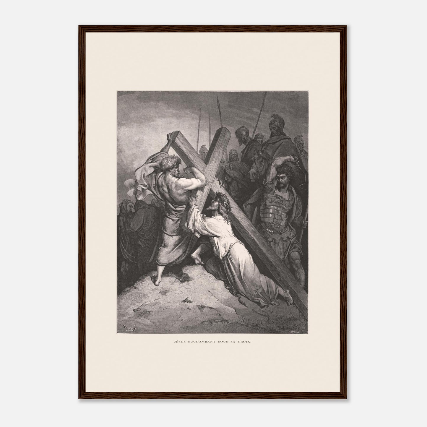 Reproduction gravure Jésus succombant sous sa croix Gustave Doré (42x59,4 cm (A2) / Cadre bois foncé). Gravure de Gustave Doré représentant Jésus portant sa croix, succombant sous son poids, entouré de soldats romains et de personnages.