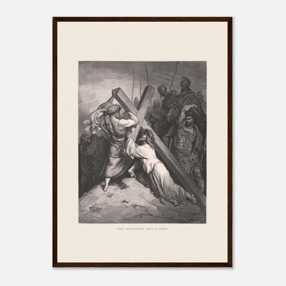 Reproduction gravure Jésus succombant sous sa croix Gustave Doré (42x59,4 cm (A2) / Cadre bois foncé). Gravure de Gustave Doré représentant Jésus portant sa croix, succombant sous son poids, entouré de soldats romains et de personnages.