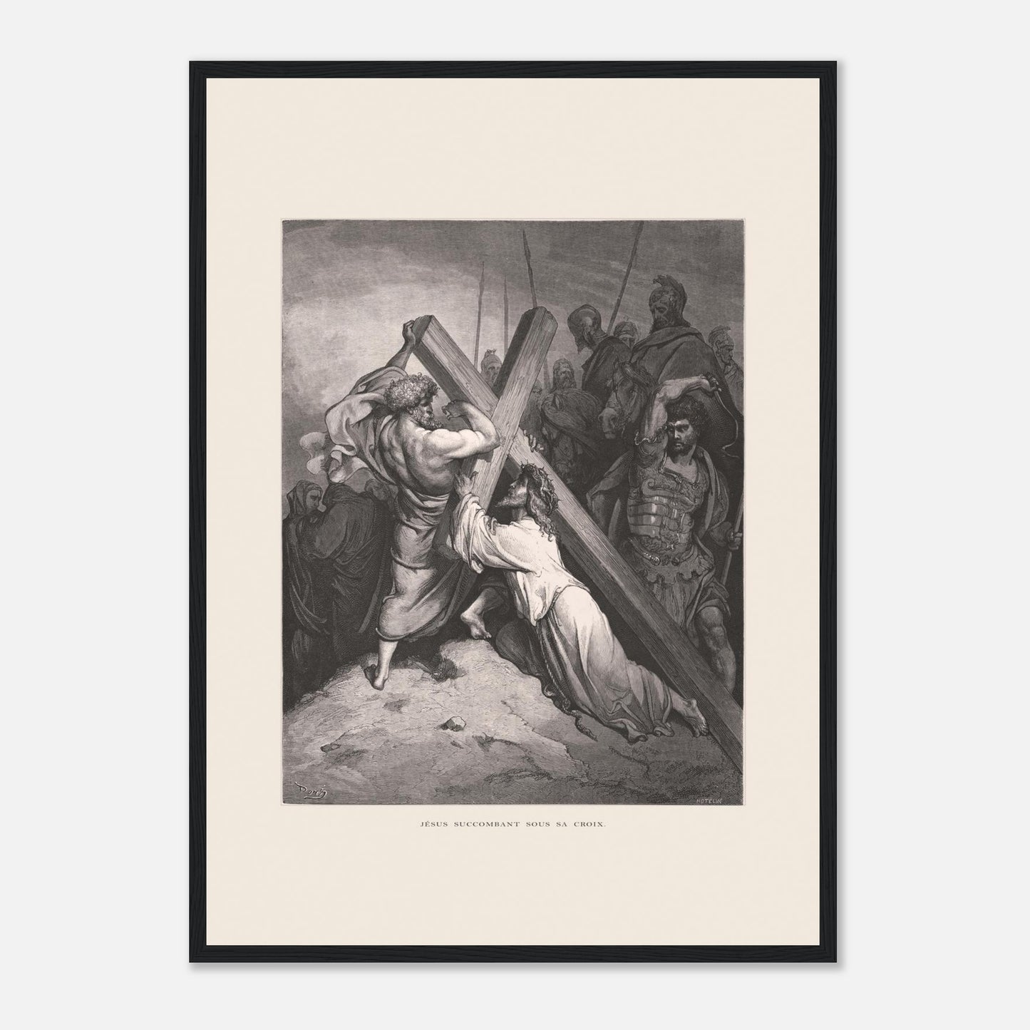 Reproduction gravure Jésus succombant sous sa croix Gustave Doré (42x59,4 cm (A2) / Cadre noir). Gravure de Gustave Doré représentant Jésus portant sa croix, succombant sous son poids, entouré de soldats romains et de personnages.