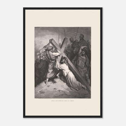 Reproduction gravure Jésus succombant sous sa croix Gustave Doré (42x59,4 cm (A2) / Cadre noir). Gravure de Gustave Doré représentant Jésus portant sa croix, succombant sous son poids, entouré de soldats romains et de personnages.
