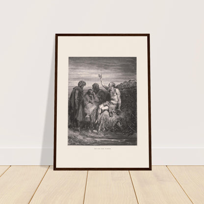 Antike Illustration Hiob auf dem Misthaufen von Gustave Doré. Stich von Gustave Doré, der Hiob zeigt, wie er auf einem Aschehaufen sitzt, mit Geschwüren bedeckt ist, eine Hand zum Himmel erhebt und von drei Gefährten umgeben ist.