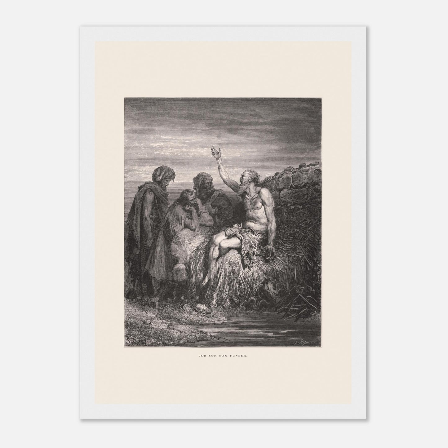 Illustration ancienne Job sur son fumier de Gustave Doré (21x29,7 cm (A4) / Cadre blanc). Gravure de Gustave Doré montrant Job, assis sur un tas de fumier et recouvert de plaies, levant une main vers le ciel, entouré de trois compagnons.