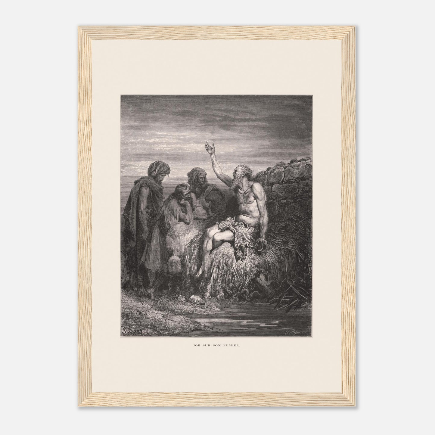 Illustration ancienne Job sur son fumier de Gustave Doré (21x29,7 cm (A4) / Cadre bois clair). Gravure de Gustave Doré montrant Job, assis sur un tas de fumier et recouvert de plaies, levant une main vers le ciel, entouré de trois compagnons.