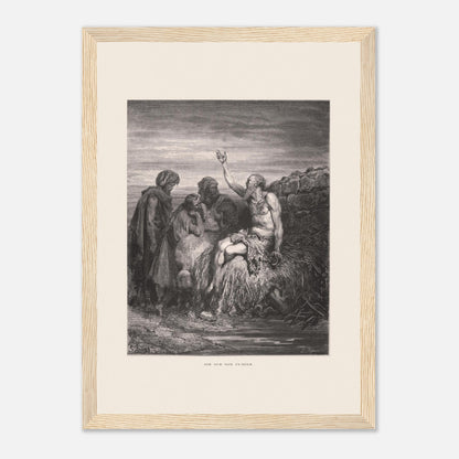 Illustration ancienne Job sur son fumier de Gustave Doré (21x29,7 cm (A4) / Cadre bois clair). Gravure de Gustave Doré montrant Job, assis sur un tas de fumier et recouvert de plaies, levant une main vers le ciel, entouré de trois compagnons.