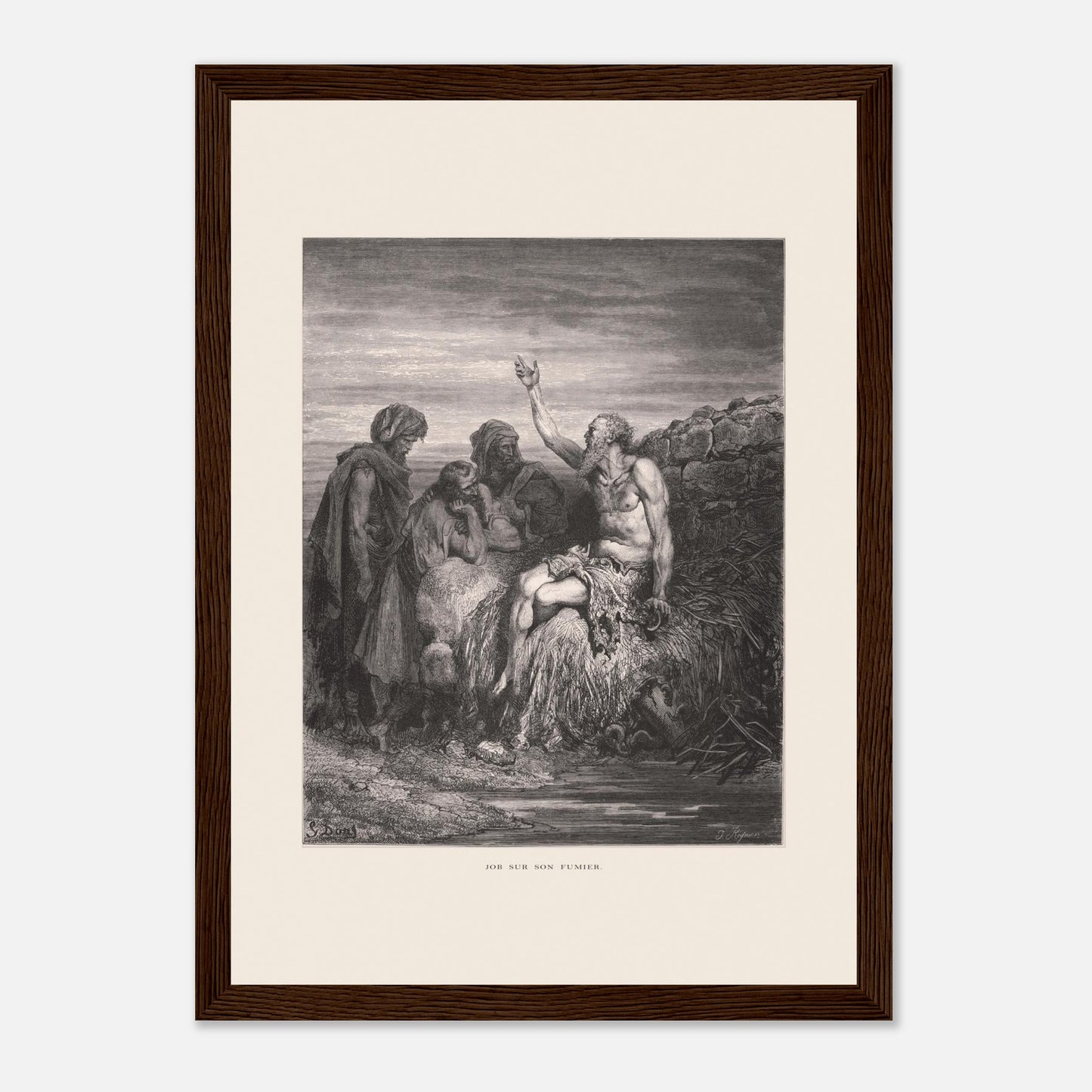 Illustration ancienne Job sur son fumier de Gustave Doré (21x29,7 cm (A4) / Cadre bois foncé). Gravure de Gustave Doré montrant Job, assis sur un tas de fumier et recouvert de plaies, levant une main vers le ciel, entouré de trois compagnons.