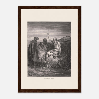 Illustration ancienne Job sur son fumier de Gustave Doré (21x29,7 cm (A4) / Cadre bois foncé). Gravure de Gustave Doré montrant Job, assis sur un tas de fumier et recouvert de plaies, levant une main vers le ciel, entouré de trois compagnons.