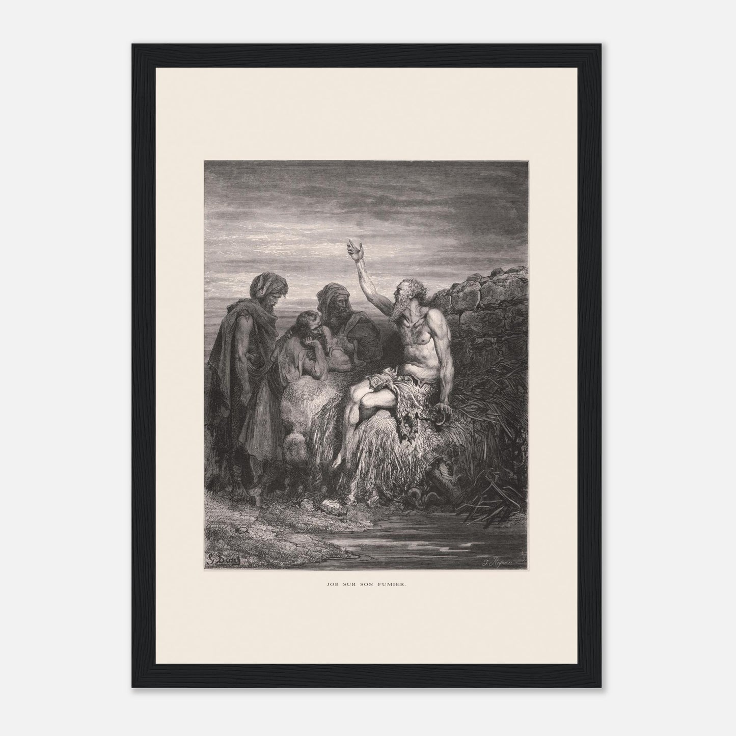Illustration ancienne Job sur son fumier de Gustave Doré (21x29,7 cm (A4) / Cadre noir). Gravure de Gustave Doré montrant Job, assis sur un tas de fumier et recouvert de plaies, levant une main vers le ciel, entouré de trois compagnons.