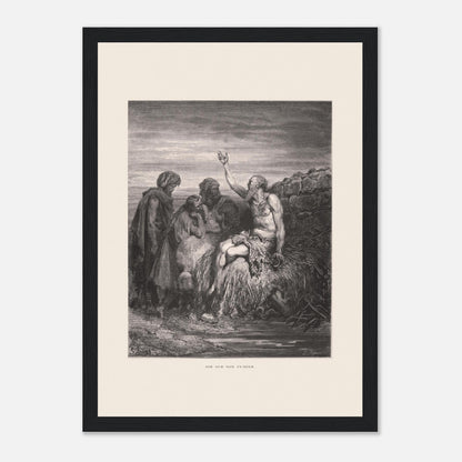 Illustration ancienne Job sur son fumier de Gustave Doré (21x29,7 cm (A4) / Cadre noir). Gravure de Gustave Doré montrant Job, assis sur un tas de fumier et recouvert de plaies, levant une main vers le ciel, entouré de trois compagnons.