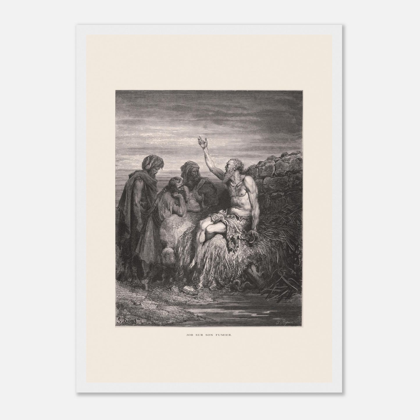 Illustration ancienne Job sur son fumier de Gustave Doré (29,7x42 cm (A3) / Cadre blanc). Gravure de Gustave Doré montrant Job, assis sur un tas de fumier et recouvert de plaies, levant une main vers le ciel, entouré de trois compagnons.