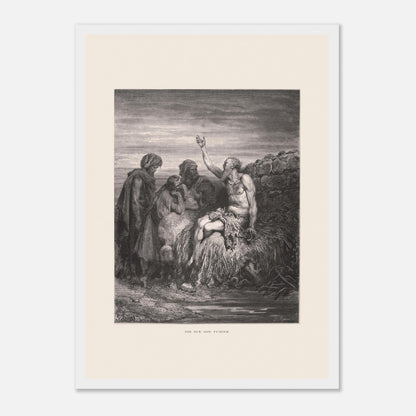 Illustration ancienne Job sur son fumier de Gustave Doré (29,7x42 cm (A3) / Cadre blanc). Gravure de Gustave Doré montrant Job, assis sur un tas de fumier et recouvert de plaies, levant une main vers le ciel, entouré de trois compagnons.