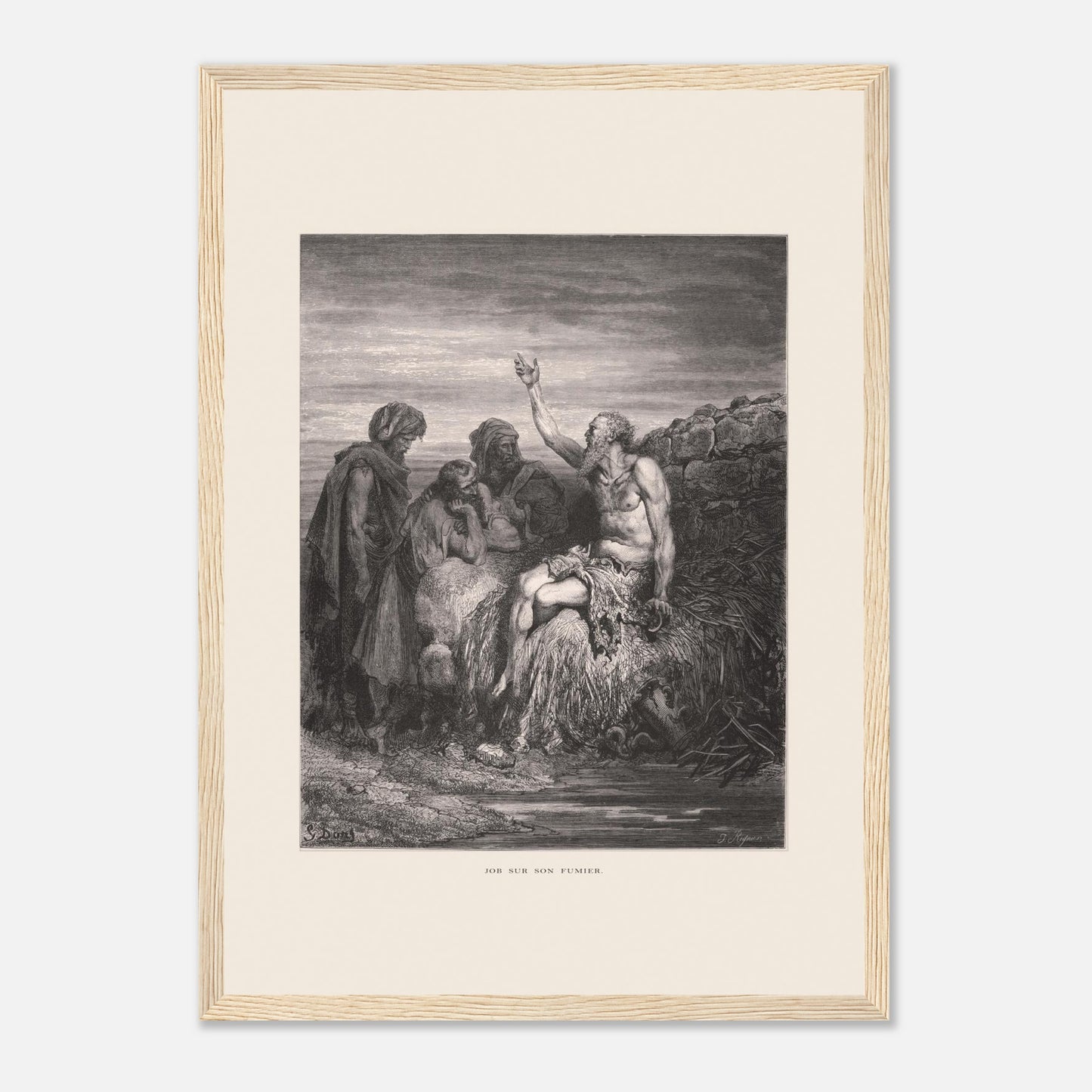 Illustration ancienne Job sur son fumier de Gustave Doré (29,7x42 cm (A3) / Cadre bois clair). Gravure de Gustave Doré montrant Job, assis sur un tas de fumier et recouvert de plaies, levant une main vers le ciel, entouré de trois compagnons.