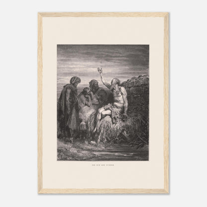 Illustration ancienne Job sur son fumier de Gustave Doré (29,7x42 cm (A3) / Cadre bois clair). Gravure de Gustave Doré montrant Job, assis sur un tas de fumier et recouvert de plaies, levant une main vers le ciel, entouré de trois compagnons.