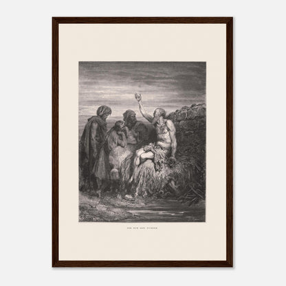 Illustration ancienne Job sur son fumier de Gustave Doré (29,7x42 cm (A3) / Cadre bois foncé). Gravure de Gustave Doré montrant Job, assis sur un tas de fumier et recouvert de plaies, levant une main vers le ciel, entouré de trois compagnons.