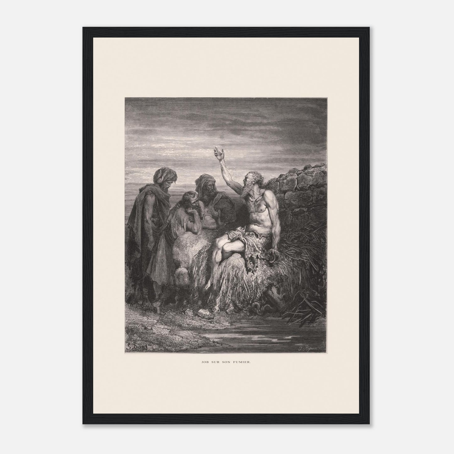 Illustration ancienne Job sur son fumier de Gustave Doré (29,7x42 cm (A3) / Cadre noir). Gravure de Gustave Doré montrant Job, assis sur un tas de fumier et recouvert de plaies, levant une main vers le ciel, entouré de trois compagnons.