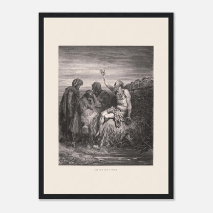 Illustration ancienne Job sur son fumier de Gustave Doré (29,7x42 cm (A3) / Cadre noir). Gravure de Gustave Doré montrant Job, assis sur un tas de fumier et recouvert de plaies, levant une main vers le ciel, entouré de trois compagnons.