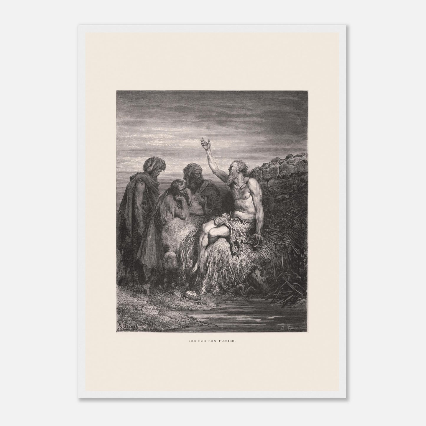 Illustration ancienne Job sur son fumier de Gustave Doré (42x59,4 cm (A2) / Cadre blanc). Gravure de Gustave Doré montrant Job, assis sur un tas de fumier et recouvert de plaies, levant une main vers le ciel, entouré de trois compagnons.