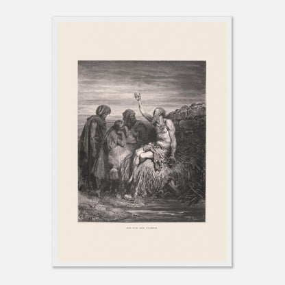 Illustration ancienne Job sur son fumier de Gustave Doré (42x59,4 cm (A2) / Cadre blanc). Gravure de Gustave Doré montrant Job, assis sur un tas de fumier et recouvert de plaies, levant une main vers le ciel, entouré de trois compagnons.