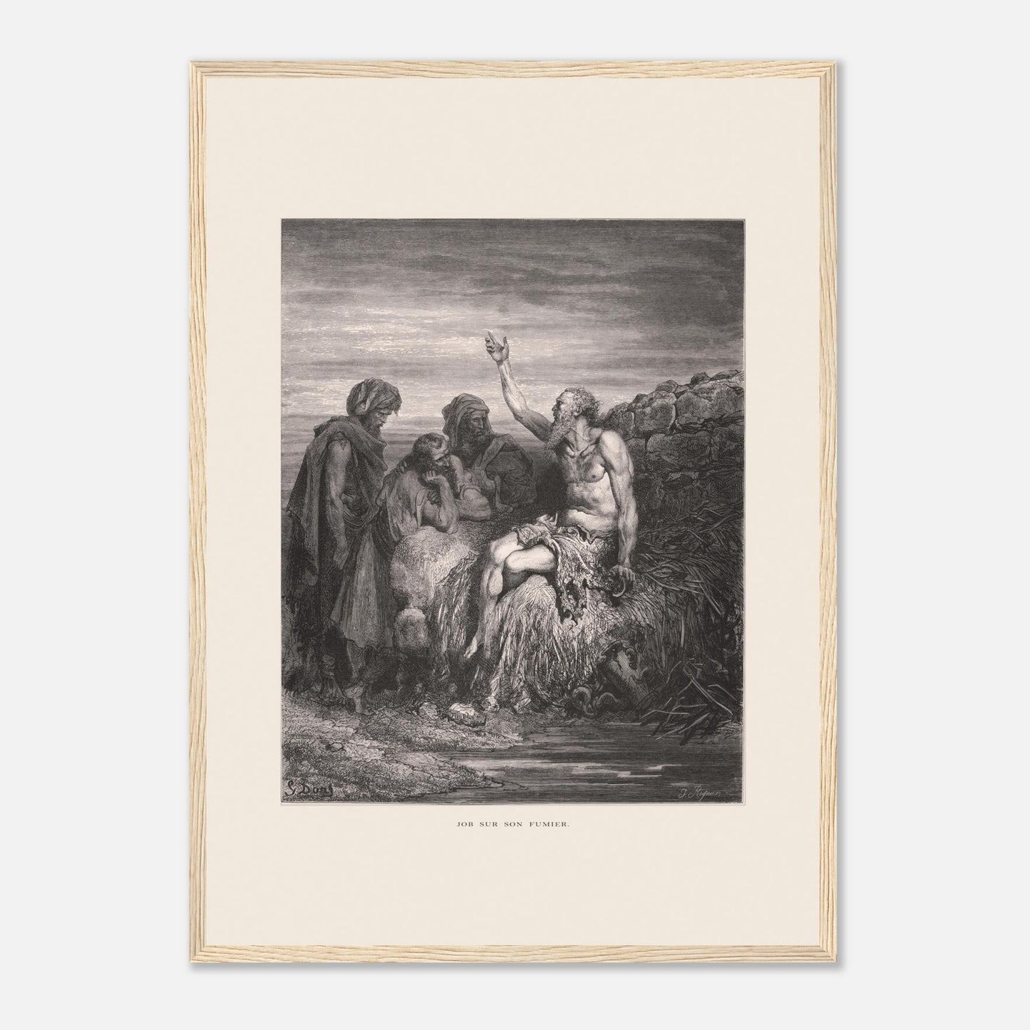 Illustration ancienne Job sur son fumier de Gustave Doré (42x59,4 cm (A2) / Cadre bois clair). Gravure de Gustave Doré montrant Job, assis sur un tas de fumier et recouvert de plaies, levant une main vers le ciel, entouré de trois compagnons.