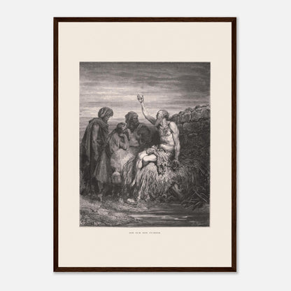 Illustration ancienne Job sur son fumier de Gustave Doré (42x59,4 cm (A2) / Cadre bois foncé). Gravure de Gustave Doré montrant Job, assis sur un tas de fumier et recouvert de plaies, levant une main vers le ciel, entouré de trois compagnons.