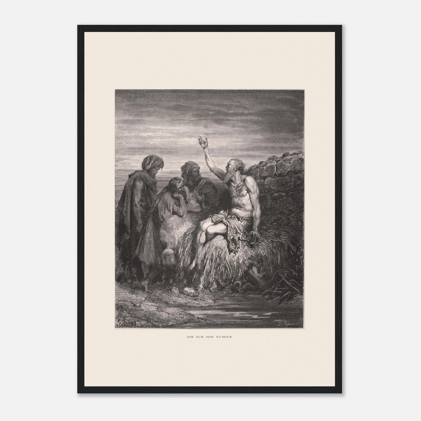 Illustration ancienne Job sur son fumier de Gustave Doré (42x59,4 cm (A2) / Cadre noir). Gravure de Gustave Doré montrant Job, assis sur un tas de fumier et recouvert de plaies, levant une main vers le ciel, entouré de trois compagnons.