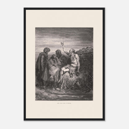 Illustration ancienne Job sur son fumier de Gustave Doré (42x59,4 cm (A2) / Cadre noir). Gravure de Gustave Doré montrant Job, assis sur un tas de fumier et recouvert de plaies, levant une main vers le ciel, entouré de trois compagnons.