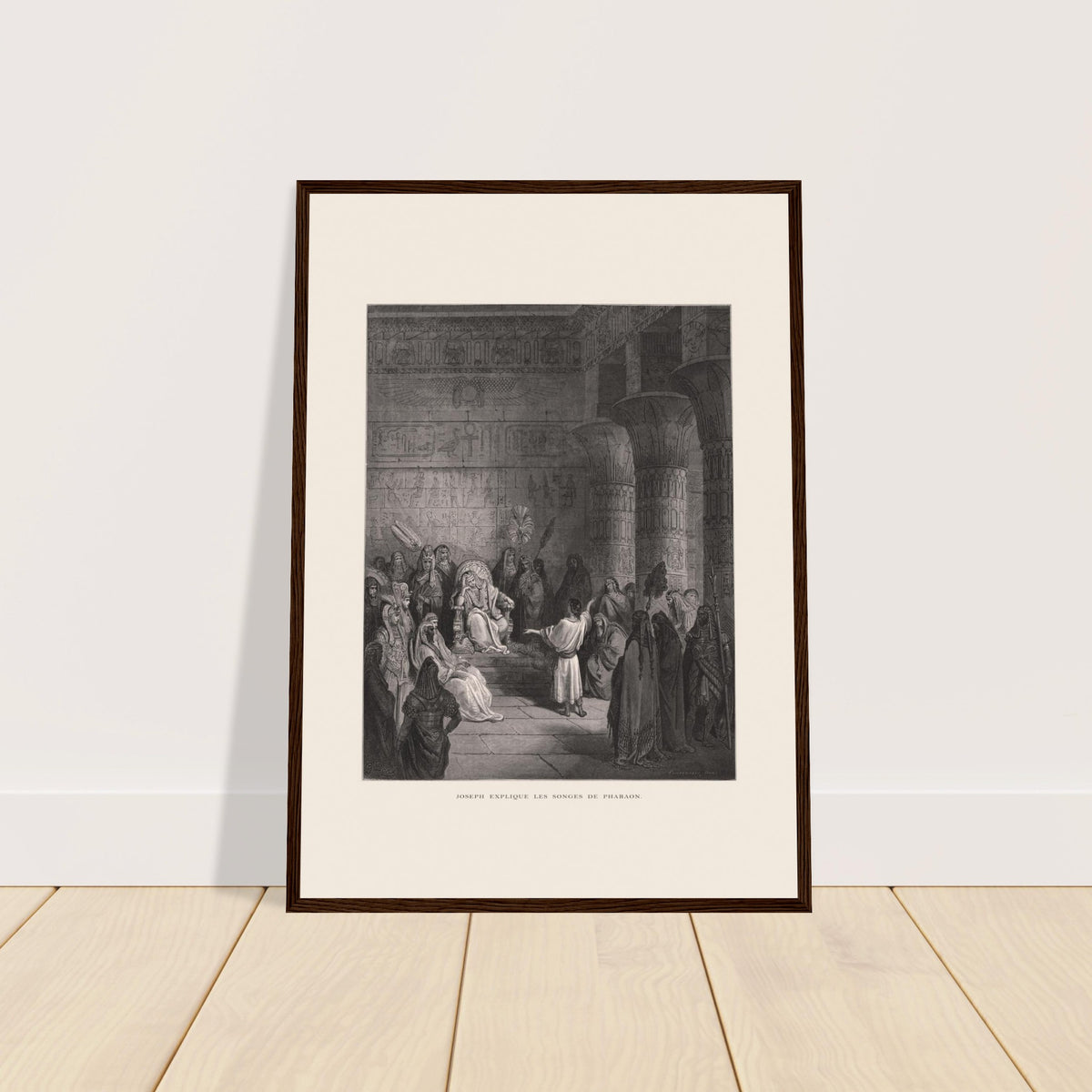 Joseph deutet die Träume des Pharaos, Stich von Gustave Doré. Illustration von Gustave Doré, die darstellt, wie Josef in einem ägyptischen Palast dem Pharao seine Träume deutet, wobei der Pharao auf seinem Thron sitzt.